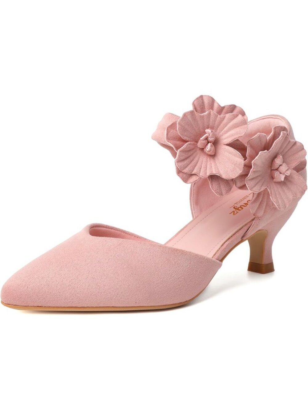 Women's Pink Kitten Heels Closed Toe Slip On Comfortable Flower Shoes